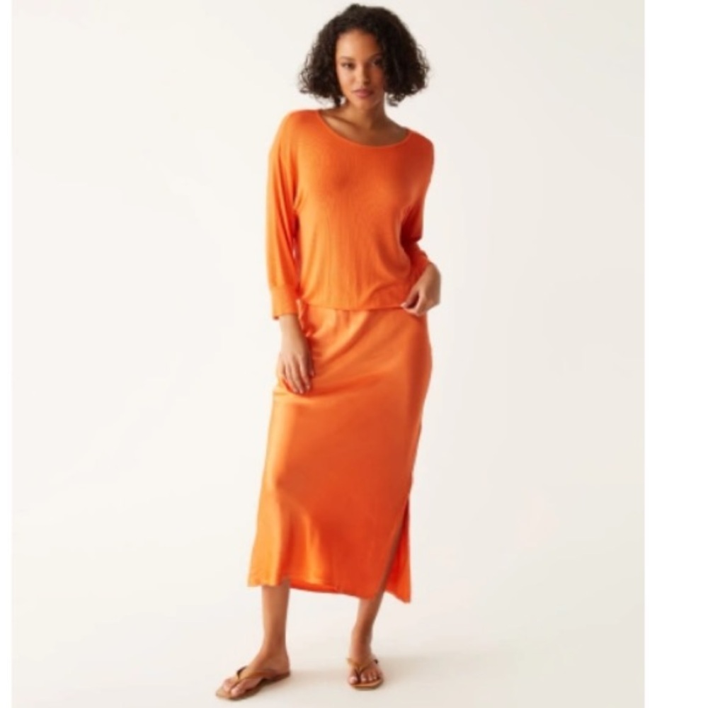 Michael Stars Nadia Mixed Fabric Satin Dress in Heatwave Orange Size Small
